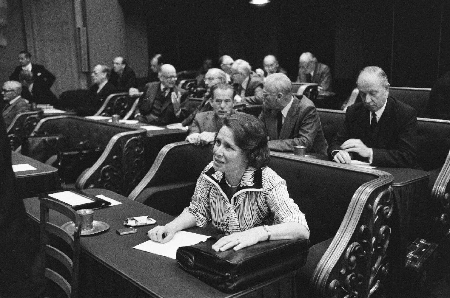 Haya van Someren-Downer (VVD) diende een motie in om Zuid-Afrika toch te laten deelnemen aan de Paralympics in Nederland. Deze motie werd verworpen, 11-12-1979. Foto: Koen Suyk, Nationaal Archief / Anefo.